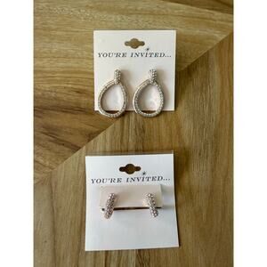 NWT “You’re Invited…” Rose Gold Tone Rhinestone Earring Bundle (2)